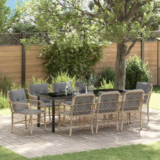 Conjunto de Jantar para Jardim com Almofada   Bege Vime PE (9 pcs)