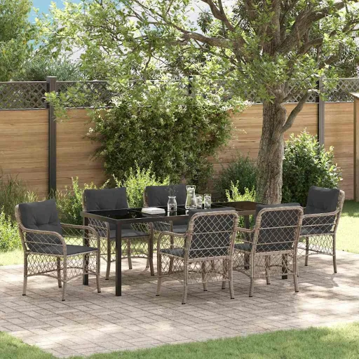 Conjunto de Jantar para Jardim   Cinzento-Claro Vime PE (7 pcs)