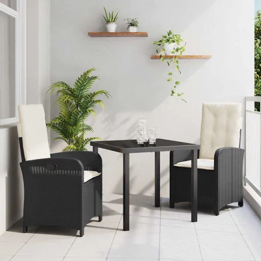Conjunto de Jantar para Jardim com Almofada   Preto Vime PE (3 pcs)