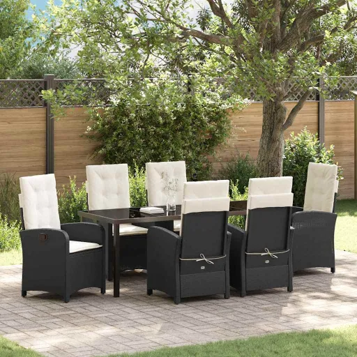 Conjunto de Jantar para Jardim com Almofada   Preto Vime PE (7 pcs)