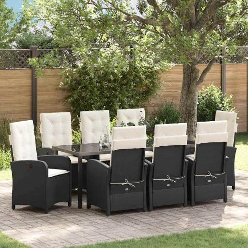 Conjunto de Jantar para Jardim com Almofada   Preto Vime PE (9 pcs)