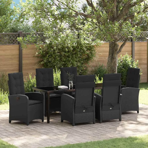 Conjunto de Jantar para Jardim com Almofada   Preto Vime PE (7 pcs)