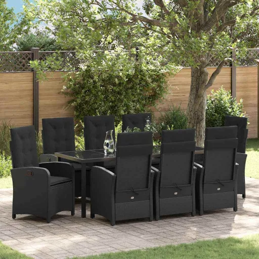 Conjunto de Jantar para Jardim com Almofada   Preto Vime PE (9 pcs)