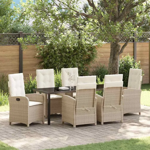 Conjunto de Jantar para Jardim com Almofada   Bege Vime PE (7 pcs)