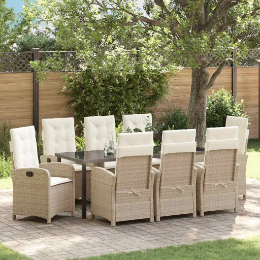 Conjunto de Jantar para Jardim com Almofada   Bege Vime PE (9 pcs)