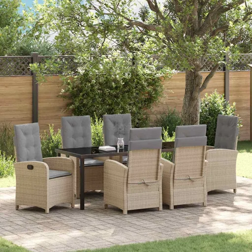 Conjunto de Jantar para Jardim com Almofada   Bege Vime PE (7 pcs)
