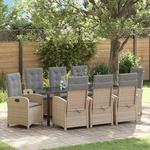 Conjunto de Jantar para Jardim com Almofada   Bege Vime PE (9 pcs)