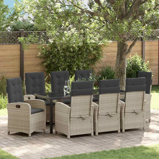 Conjunto de Jantar para Jardim   Cinzento-Claro Vime PE (9 pcs)