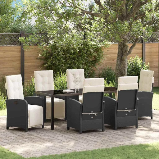 Conjunto de Jantar para Jardim com Almofada   Preto Vime PE (7 pcs)