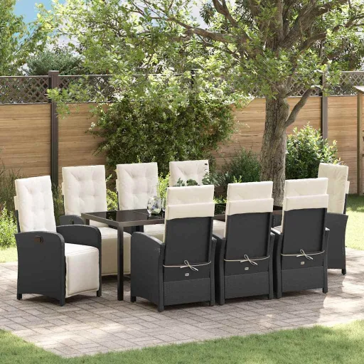 Conjunto de Jantar para Jardim com Almofada   Preto Vime PE (9 pcs)