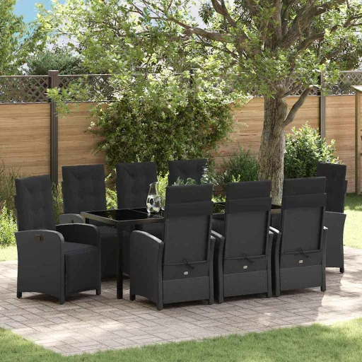 Conjunto de Jantar para Jardim com Almofada   Preto Vime PE (9 pcs)