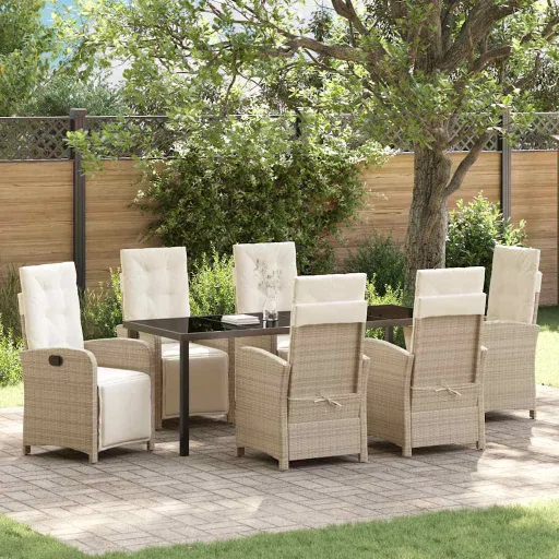 Conjunto de Jantar para Jardim com Almofada   Bege Vime PE (7 pcs)