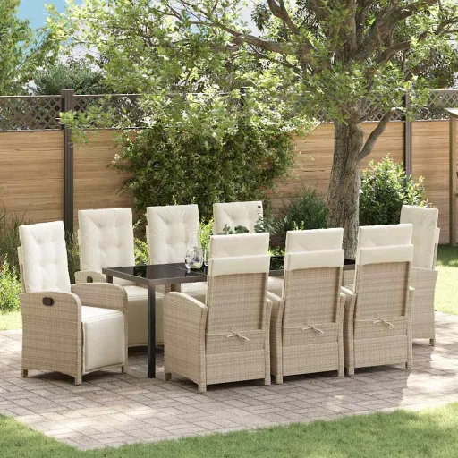 Conjunto de Jantar para Jardim com Almofada   Bege Vime PE (9 pcs)
