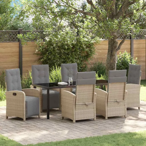 Conjunto de Jantar para Jardim com Almofada   Bege Vime PE (7 pcs)
