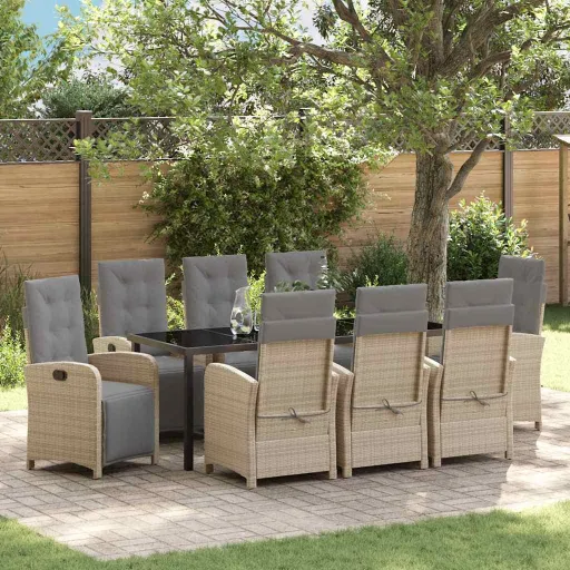 Conjunto de Jantar para Jardim com Almofada   Bege Vime PE (9 pcs)