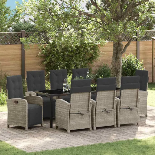 Conjunto de Jantar para Jardim   Cinzento-Claro Vime PE (9 pcs)