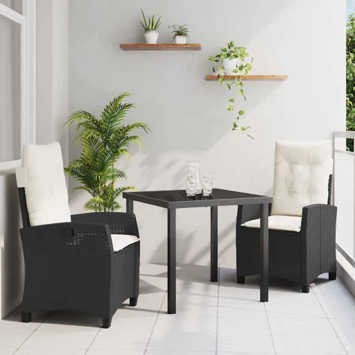 Conjunto de Jantar para Jardim com Almofada   Preto Vime PE (3 pcs)