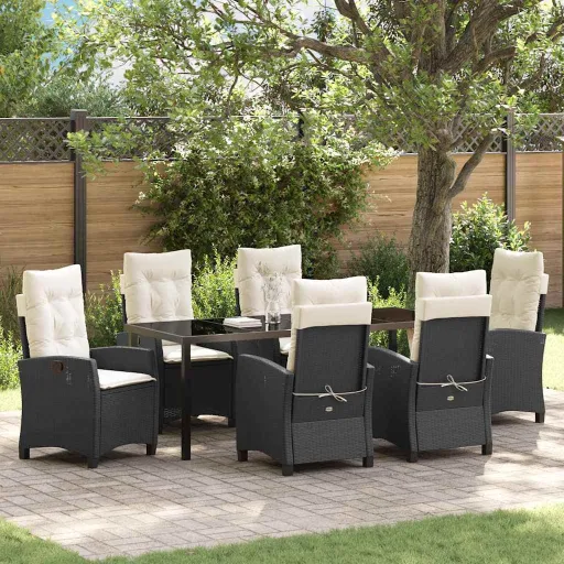 Conjunto de Jantar para Jardim com Almofada   Preto Vime PE (7 pcs)