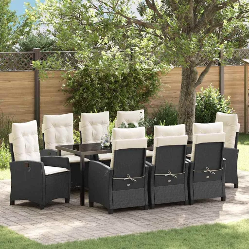 Conjunto de Jantar para Jardim com Almofada   Preto Vime PE (9 pcs)