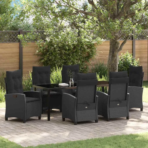 Conjunto de Jantar para Jardim com Almofada   Preto Vime PE (7 pcs)