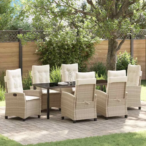 Conjunto de Jantar para Jardim com Almofada   Bege Vime PE (7 pcs)