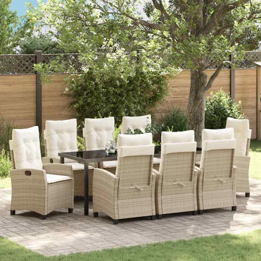 Conjunto de Jantar para Jardim com Almofada   Bege Vime PE (9 pcs)