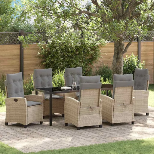 Conjunto de Jantar para Jardim com Almofada   Bege Vime PE (7 pcs)