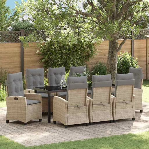 Conjunto de Jantar para Jardim com Almofada   Bege Vime PE (9 pcs)