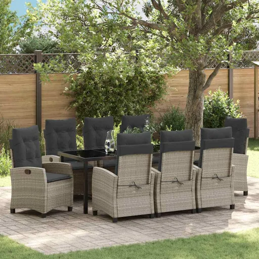 Conjunto de Jantar para Jardim   Cinzento-Claro Vime PE (9 pcs)