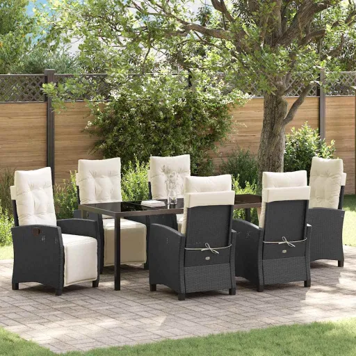 Conjunto de Jantar para Jardim com Almofada   Preto Vime PE (7 pcs)
