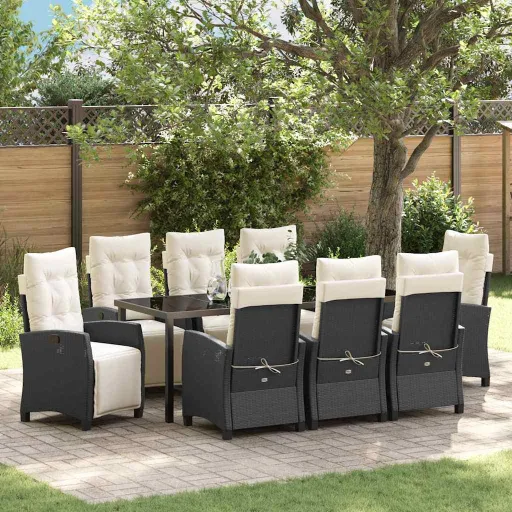 Conjunto de Jantar para Jardim com Almofada   Preto Vime PE (9 pcs)