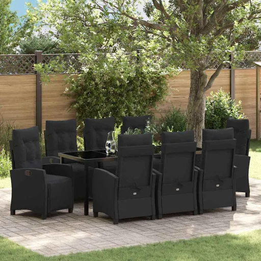 Conjunto de Jantar para Jardim com Almofada   Preto Vime PE (9 pcs)