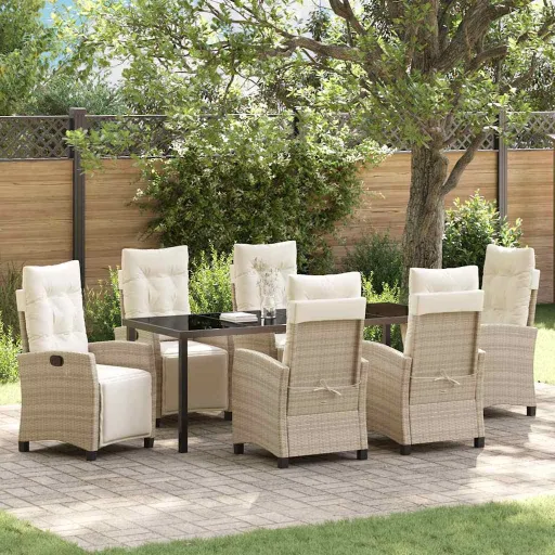 Conjunto de Jantar para Jardim com Almofada   Bege Vime PE (7 pcs)