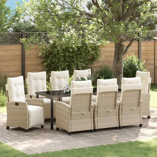 Conjunto de Jantar para Jardim com Almofada   Bege Vime PE (9 pcs)