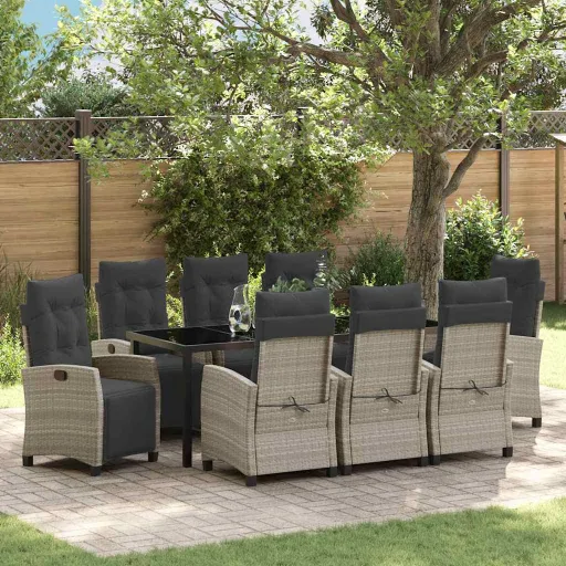 Conjunto de Jantar para Jardim   Cinzento-Claro Vime PE (9 pcs)
