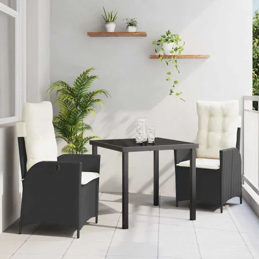 Conjunto de Jantar para Jardim com Almofada   Preto Vime PE (3 pcs)