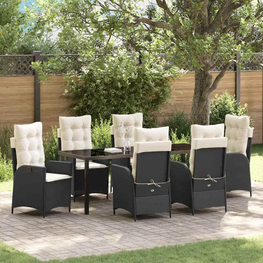 Conjunto de Jantar para Jardim com Almofada   Preto Vime PE (7 pcs)