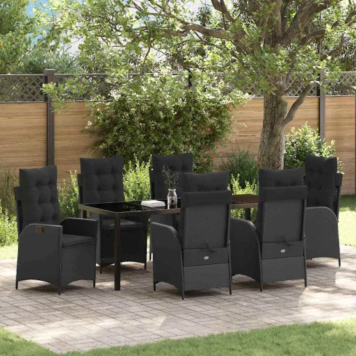 Conjunto de Jantar para Jardim com Almofada   Preto Vime PE (7 pcs)