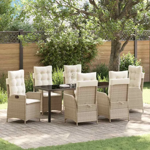 Conjunto de Jantar para Jardim com Almofada   Bege Vime PE (7 pcs)