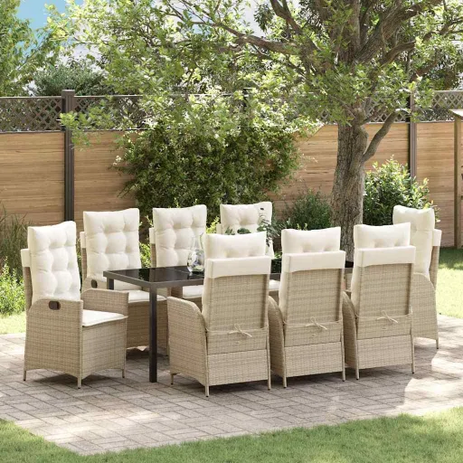 Conjunto de Jantar para Jardim com Almofada   Bege Vime PE (9 pcs)
