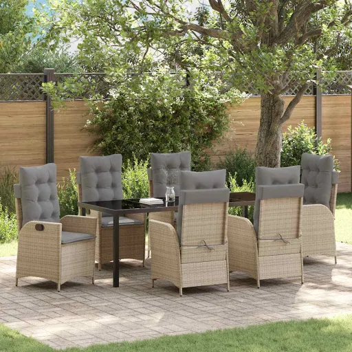 Conjunto de Jantar para Jardim com Almofada   Bege Vime PE (7 pcs)
