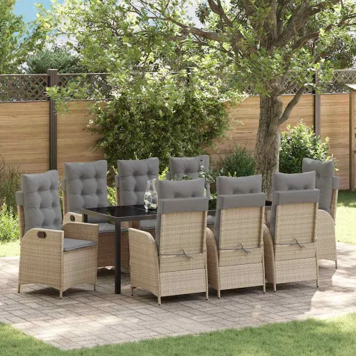 Conjunto de Jantar para Jardim com Almofada   Bege Vime PE (9 pcs)