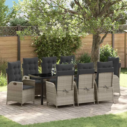 Conjunto de Jantar para Jardim   Cinzento-Claro Vime PE (9 pcs)