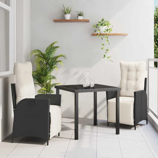 Conjunto de Jantar para Jardim com Almofada   Preto Vime PE (3 pcs)