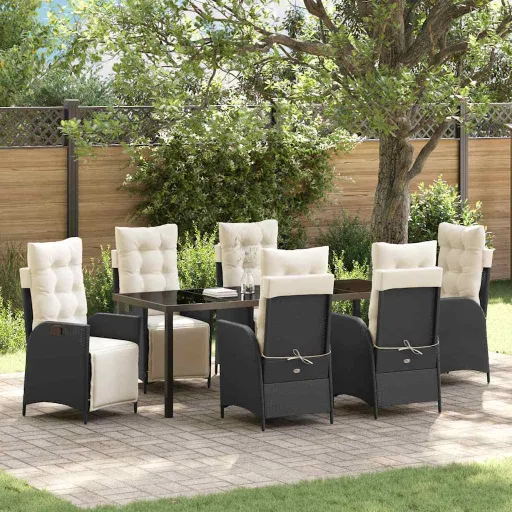 Conjunto de Jantar para Jardim com Almofada   Preto Vime PE (7 pcs)