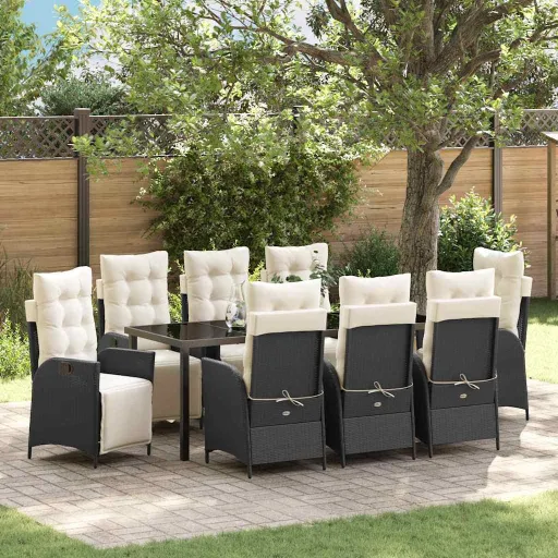 Conjunto de Jantar para Jardim com Almofada   Preto Vime PE (9 pcs)
