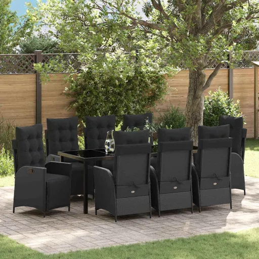 Conjunto de Jantar para Jardim com Almofada   Preto Vime PE (9 pcs)