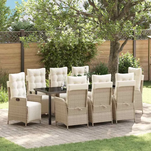 Conjunto de Jantar para Jardim com Almofada   Bege Vime PE (9 pcs)