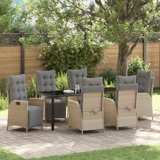 Conjunto de Jantar para Jardim com Almofada   Bege Vime PE (7 pcs)