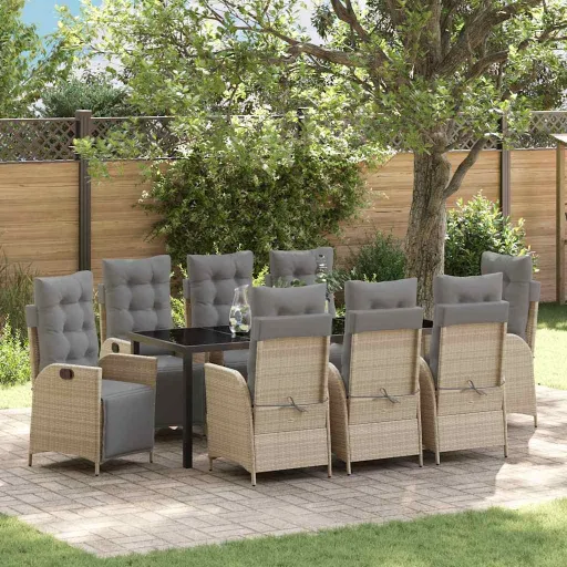 Conjunto de Jantar para Jardim com Almofada   Bege Vime PE (9 pcs)